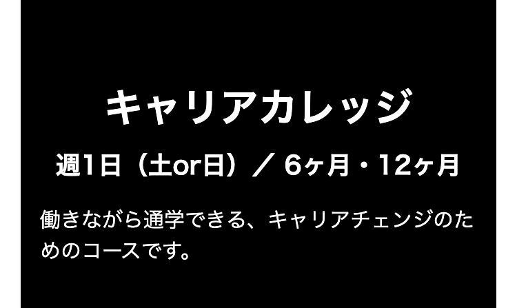 キャリアカレッジ
週1日(土or日) / 6ヶ月 12ヶ月
働きながら通学できる、 キャリアチェンジのた
めのコースです。