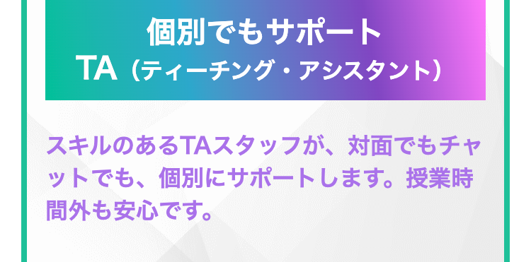 個別でもサポート
TA(ティーチング・アシスタント)
スキルのあるTAスタッフが、対面でもチャ
ットでも、個別にサポートします。 授業時
間外も安心です。