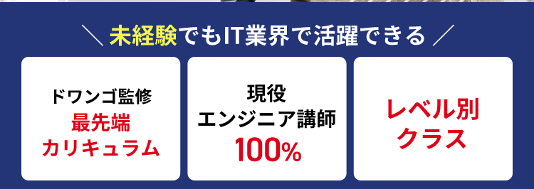 KADOKAWA Group
IT・プログラミングの専門校
東京 | 大阪 | 名古屋 | 福岡 | 札幌
K KADOKAWA ドワンゴ情報工科学院専門部
POWERED BY VANTAN
自分のペースで
_ITスキルを着実に習得
就職率
93.8%
未経験でもIT業界で活躍できる
ドワンゴ監修
最先端
カリキュラム
現役
エンジニア講師
100%
レベル別
クラス
通いやすい5校舎
東京校 大阪校 名古屋校 福岡校 札幌校
自分のペースで学べる週1通学コースも