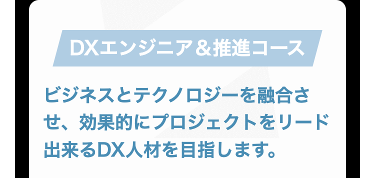 DXエンジニア&推進コース
ビジネスとテクノロジーを融合さ
せ、効果的にプロジェクトをリード
出来るDX人材を目指します。