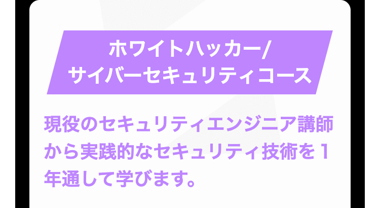 ホワイトハッカー/
サイバーセキュリティコース
現役のセキュリティエンジニア講師
から実践的なセキュリティ技術を1
年通して学びます。